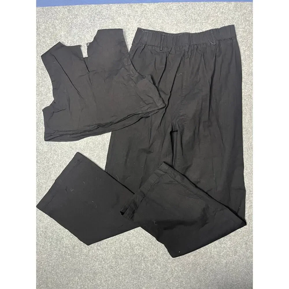 Commense Black Two Piece Set High Rise Wide Leg Pants Crop Top M - Picture 5 of 6